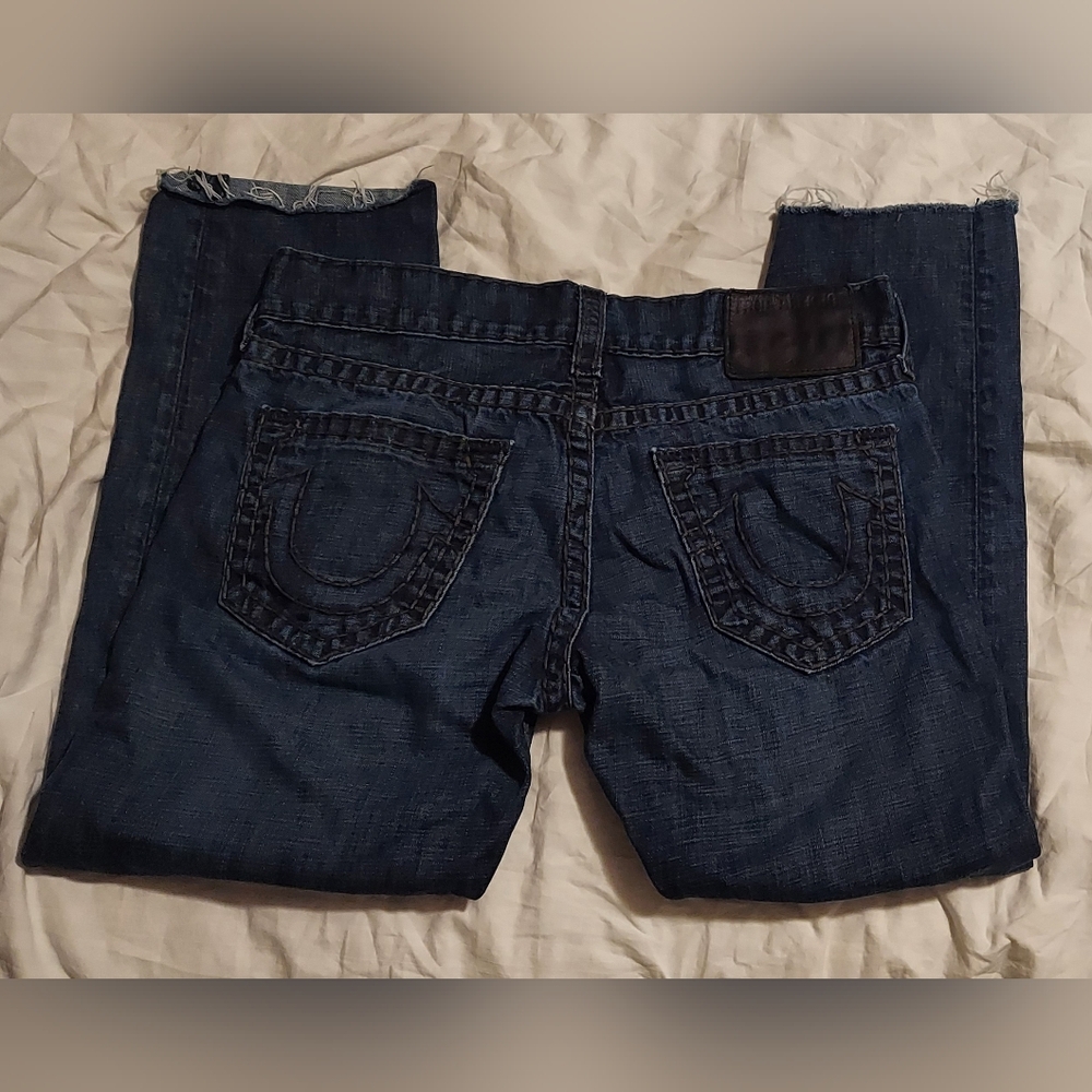 TRUE RELIGION ROCCO SUPER T MEN'S DARK MIDNIGHT DISTRESSED JEANS SIZE 32 X 26
